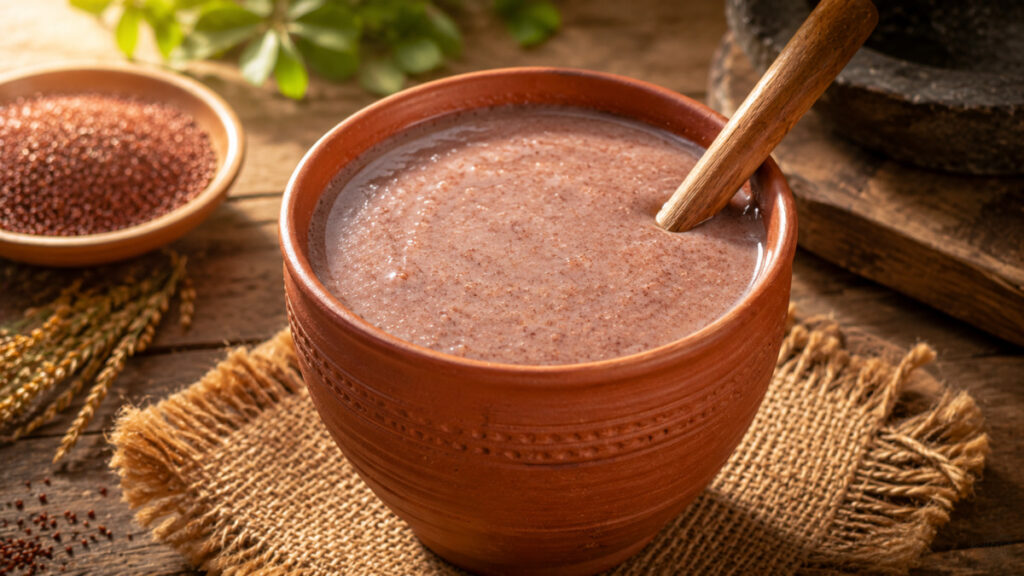 Healthy ragi malt in a traditional clay cup for bone health.