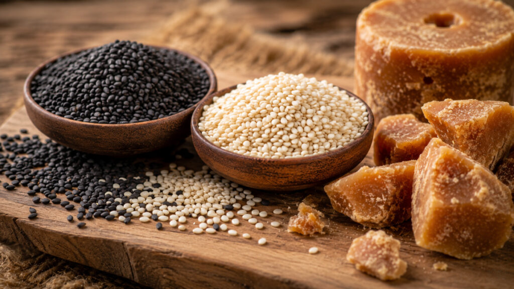 Sesame seeds and palm jaggery blocks for bone strength.