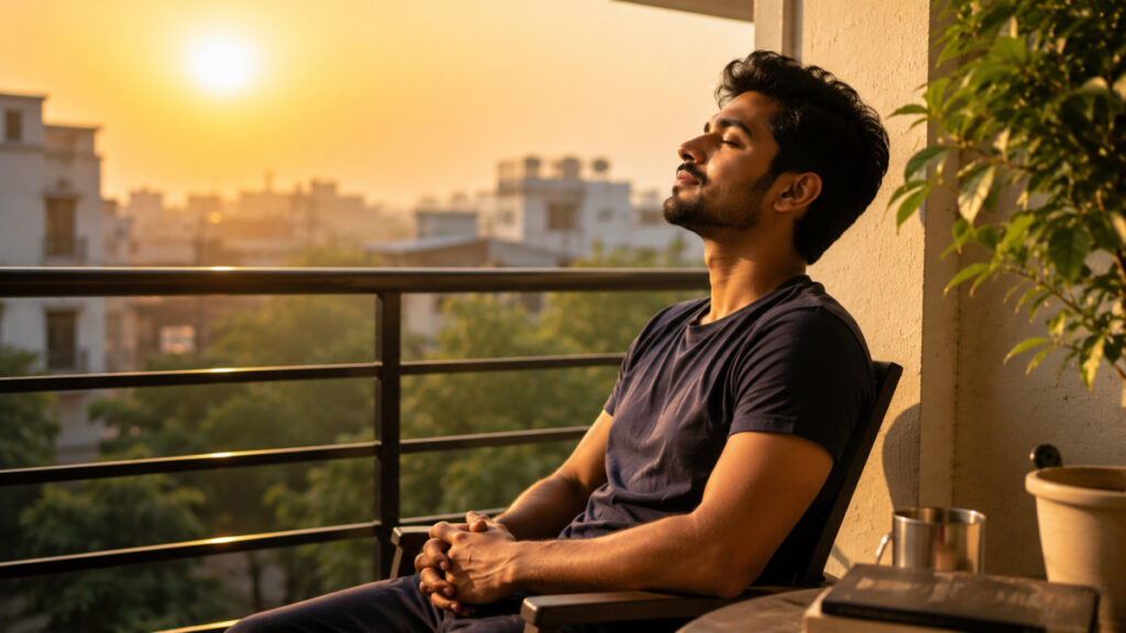 எலும்புவலி & வைட்டமின் D குறைபாடு: WFH ஊழியர்களுக்கான தீர்வு 2026 4 South Indian man standing on balcony taking morning sunlight exposure.
