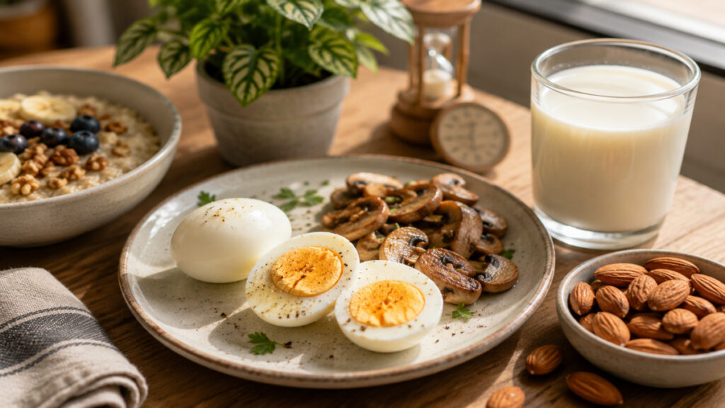 எலும்புவலி & வைட்டமின் D குறைபாடு: WFH ஊழியர்களுக்கான தீர்வு 2026 1 Healthy Indian food items rich in Vitamin D including eggs and mushrooms. - எலும்புவலி வைட்டமின் D குறைபாடு