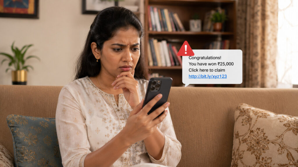 ஆன்லைன் வங்கி மோசடி தவிர்ப்பது எப்படி 2026 நுகர்வோர் வழிகாட்டி 1 Alert Indian woman identifying smartphone phishing text message scam Tamil