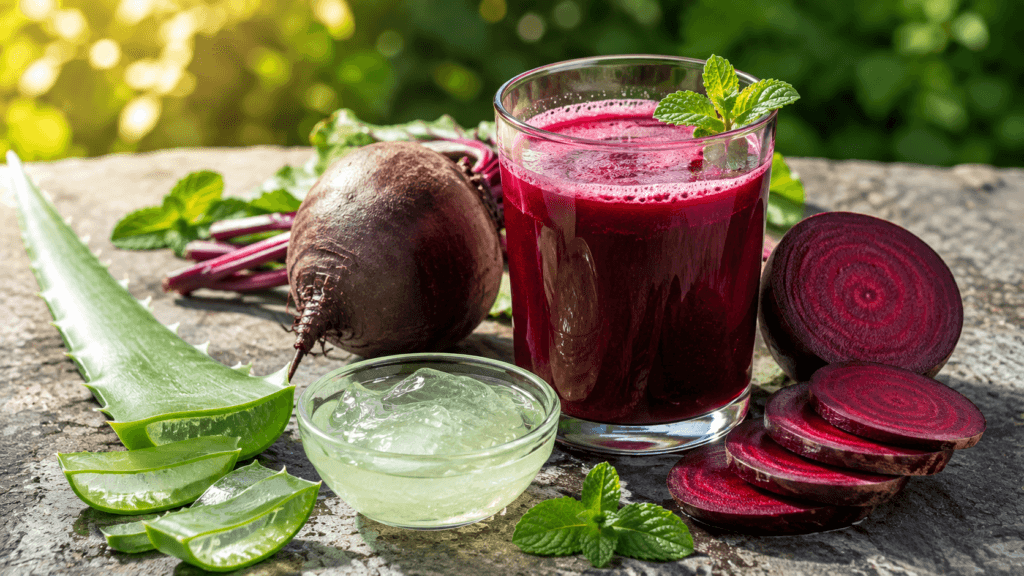 உதட்டு கருமையை நீக்கும் எளிய வழிகள்: இயற்கை டிப்ஸ் 2026 3 Beetroot juice and aloe vera gel for natural pink lips remedy. - உதட்டு கருமையை நீக்கும் எளிய வழிகள்