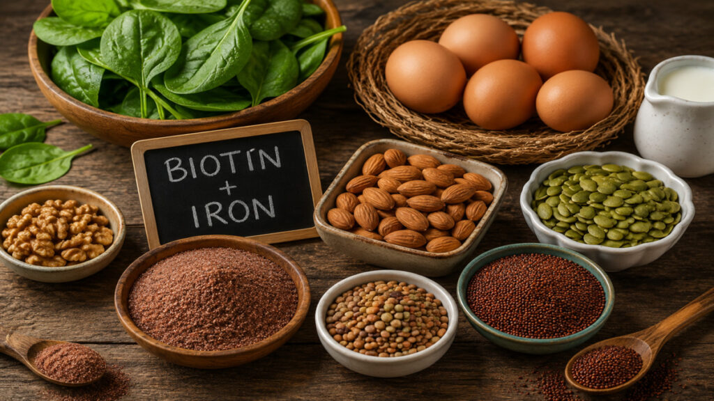 Biotin and iron rich healthy foods like eggs and almonds for strong fingernails.
