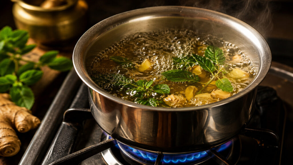 Herbal decoction boiling in a pan with ginger and tulsi leaves for cold cure.