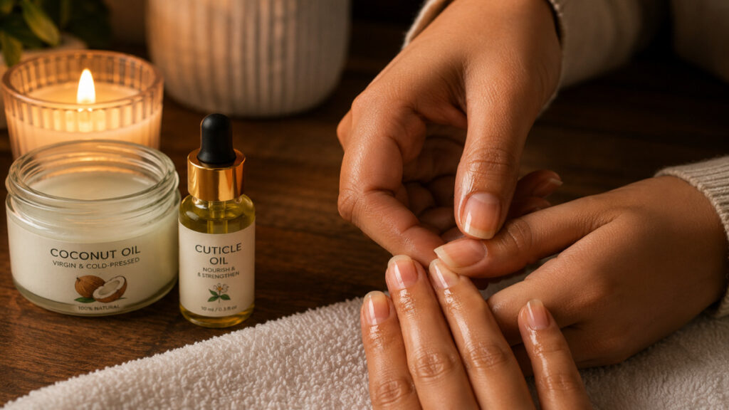 Person massaging coconut oil into cuticles and fingernails for hydration.