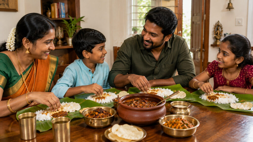 South Indian family having traditional lunch rice with garlic gravy on banana leaf.-செட்டிநாடு பூண்டுகுழம்பு செய்முறை