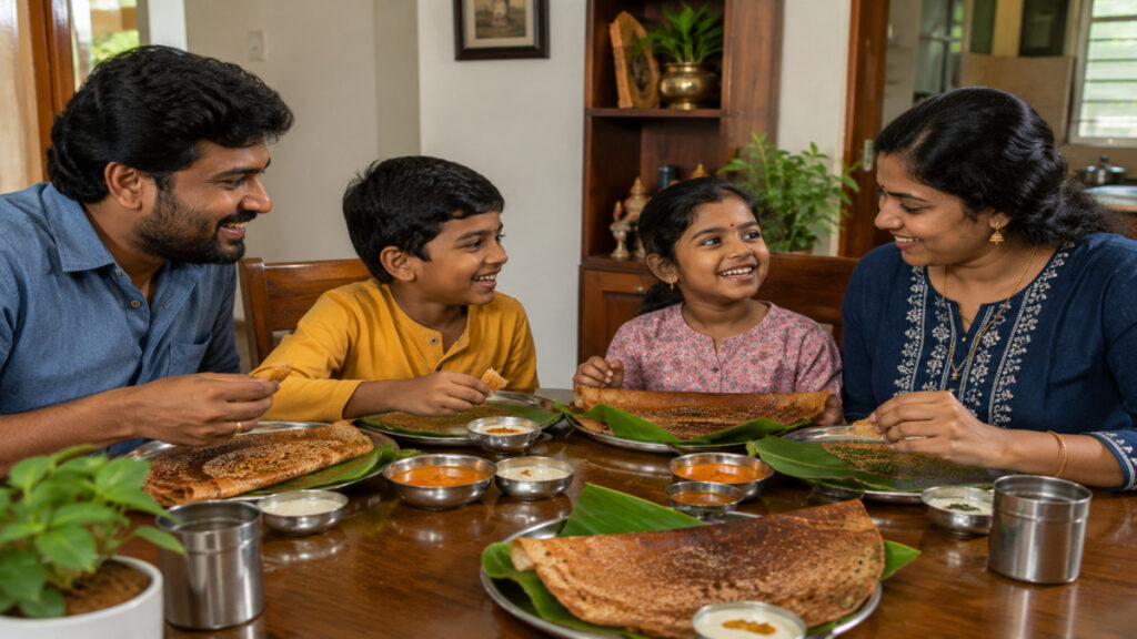 Happy South Indian family having healthy millet ragi dosa for breakfast.