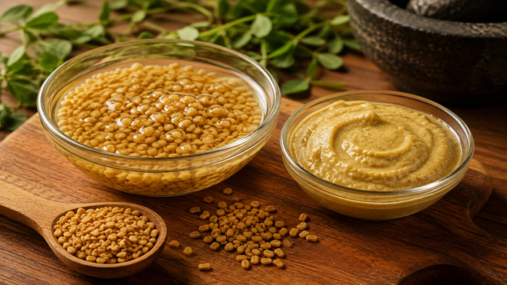 பொடுகுத் தொல்லைக்கு நிரந்தர தீர்வு பெற எளிய வழிகள் 2026 2 Soaked fenugreek seeds and methi paste for scalp nourishment and dandruff removal.