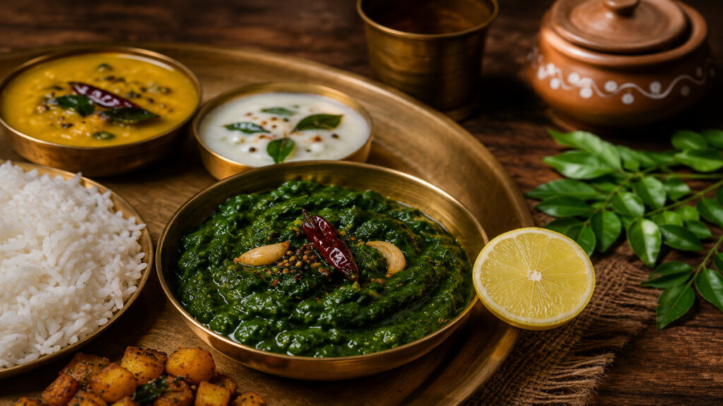 Healthy spinach curry served with lemon for maximum iron absorption.