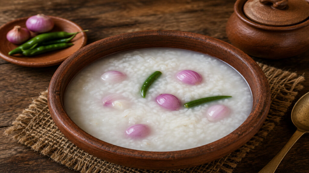Traditional South Indian fermented rice water in clay pot for healthy gut microbiome.