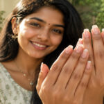 South Indian woman displaying her long strong healthy natural fingernails.