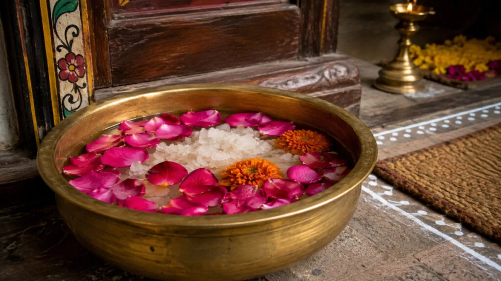 Brass bowl with sea salt and fresh flowers placed at house entrance for positive energy.