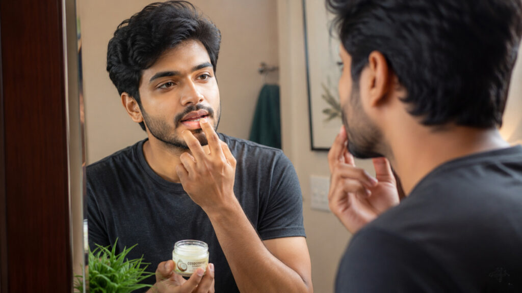 உதட்டு கருமையை நீக்கும் எளிய வழிகள்: இயற்கை டிப்ஸ் 2026 4 Indian man applying natural lip balm for dark lips care routine.