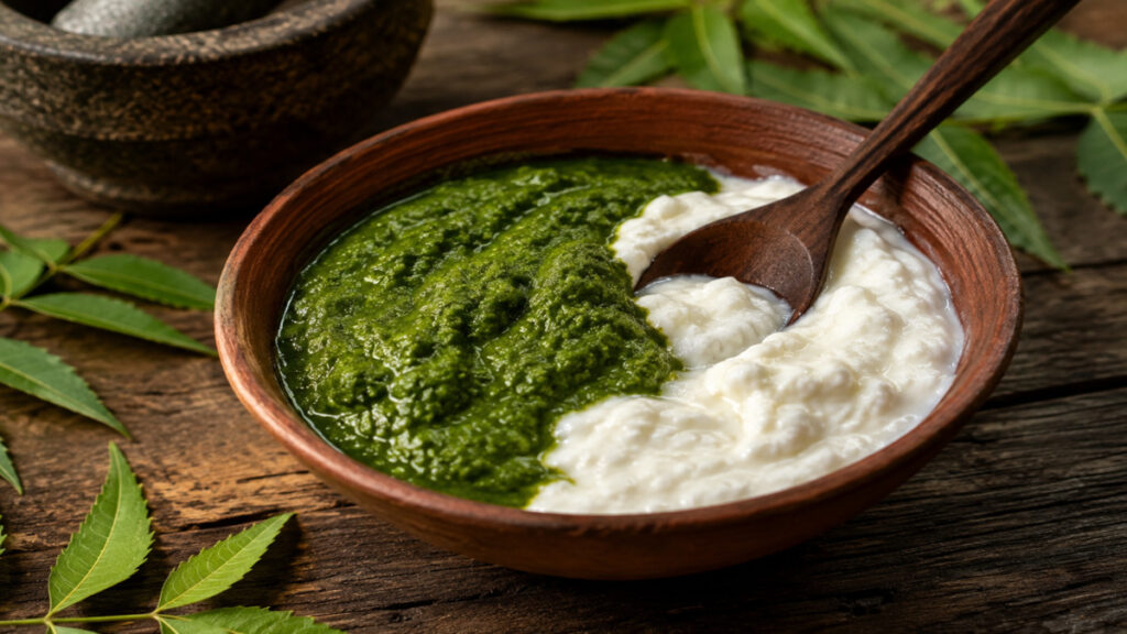 பொடுகுத் தொல்லைக்கு நிரந்தர தீர்வு பெற எளிய வழிகள் 2026 1 Fresh neem paste mixed with curd in clay bowl for dandruff treatment.