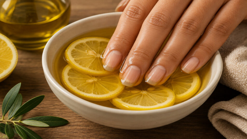 Fingernails soaking in warm olive oil and lemon juice bowl for nail care.