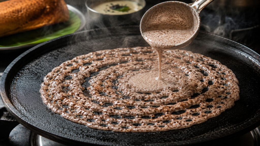 Pouring watery ragi dosa batter on hot iron tawa for net like crispy texture.