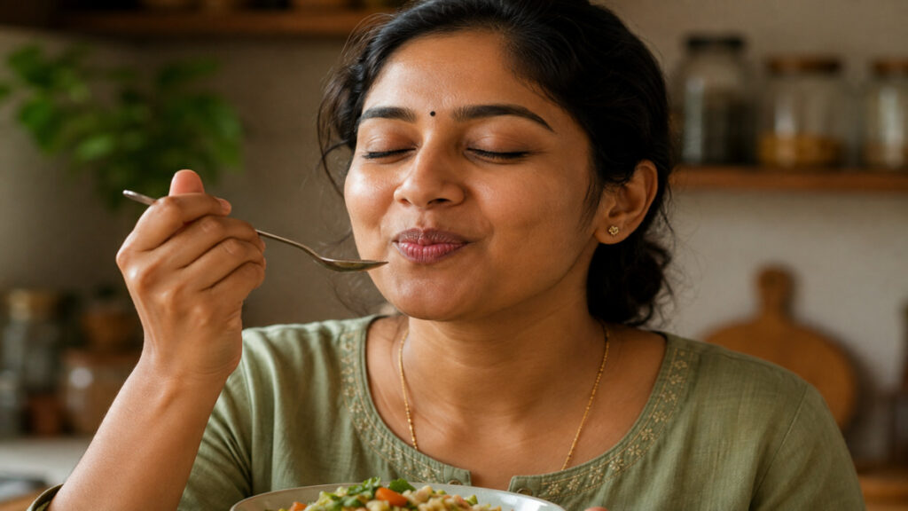 Close up of an Indian person chewing food slowly for better digestion and nutrient intake.