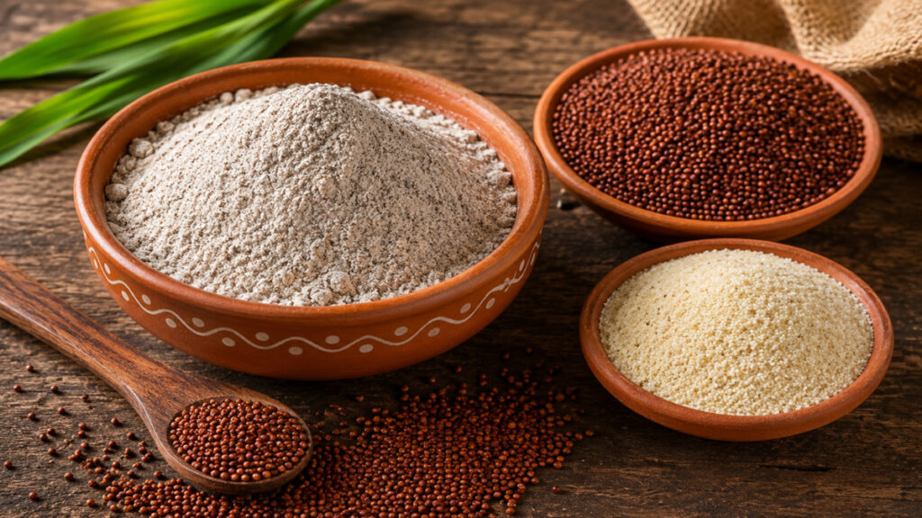Finger millet flour and rava ingredients arranged in bowls for instant dosa.
