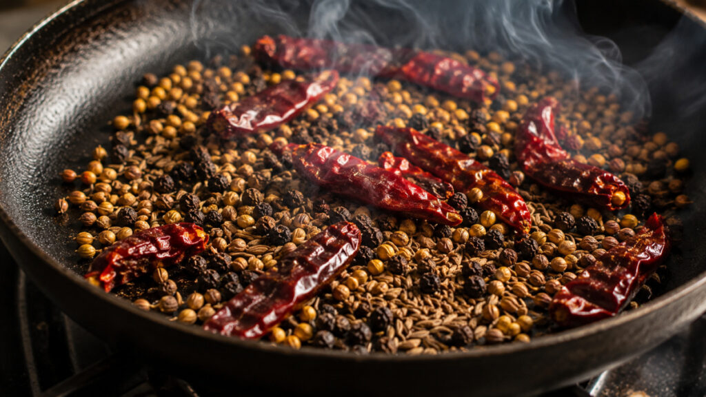 Roasting traditional Chettinad masala spices coriander, dry chili, and pepper in iron pan.