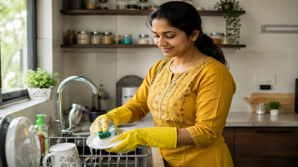 Indian woman wearing rubber gloves while doing dishes to prevent nail damage.