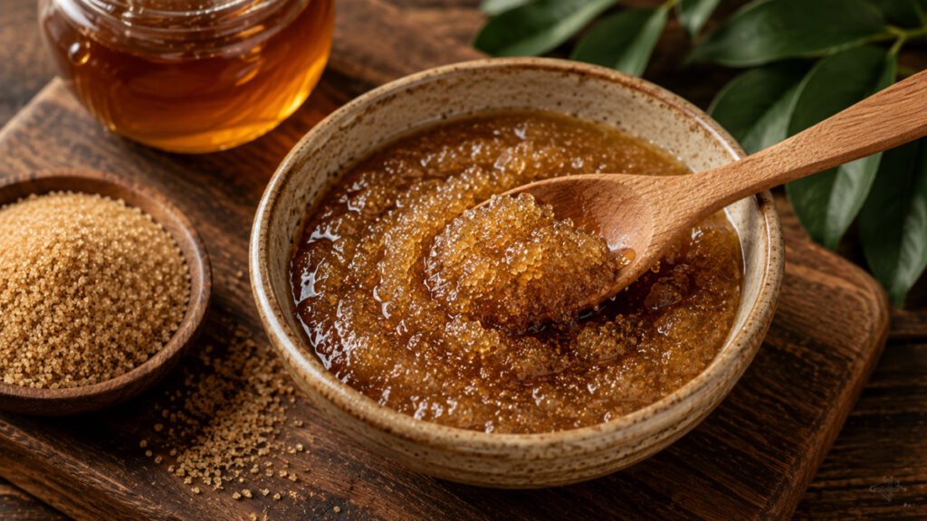 உதட்டு கருமையை நீக்கும் எளிய வழிகள்: இயற்கை டிப்ஸ் 2026 1 Natural sugar and honey scrub in a bowl for removing dead skin from dark lips.