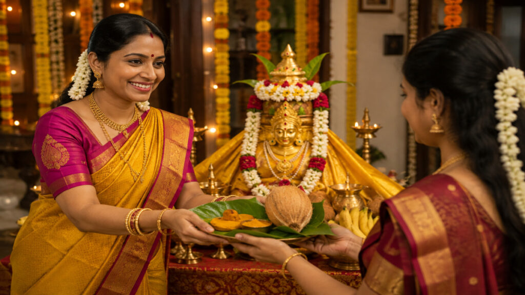 வரலக்ஷ்மி விரதம் 2026: பூஜா நேரம் & நைவேத்தியப் பட்டியல் 4 South Indian woman offering Thamboolam pack to guest after Varalakshmi pooja. -வரலக்ஷ்மி விரதம் 2026 பூஜா நேரம்