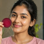 South Indian woman with healthy natural pink lips holding a beetroot slice for lip care.