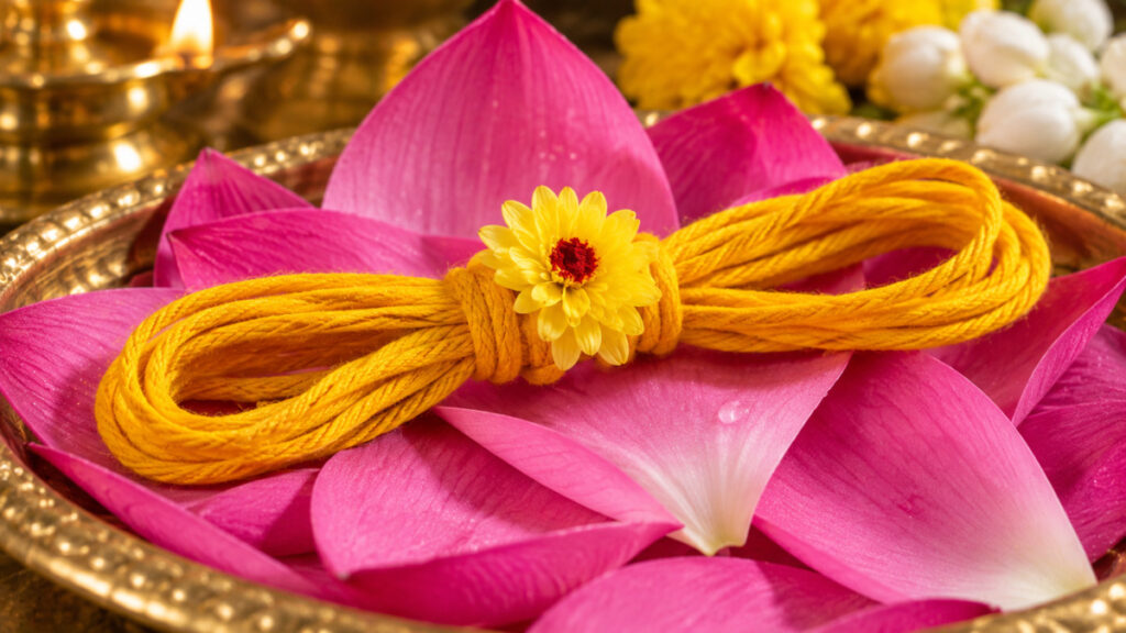 வரலக்ஷ்மி விரதம் 2026: பூஜா நேரம் & நைவேத்தியப் பட்டியல் 3 Yellow holy thread Nombu Saradu with flower for Varalakshmi Vratam ritual.