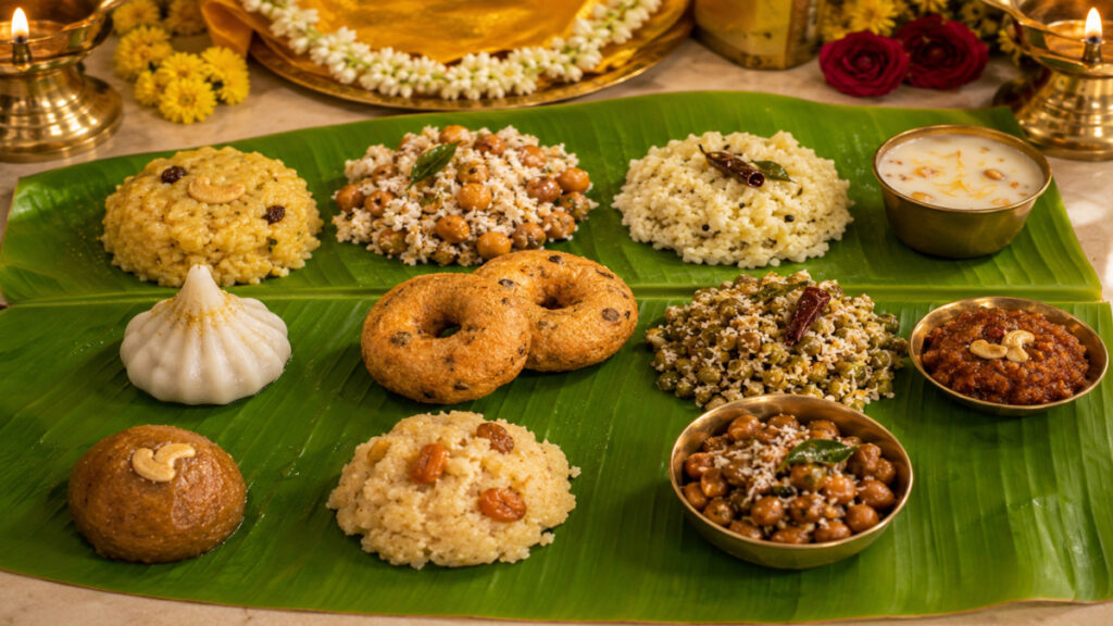 வரலக்ஷ்மி விரதம் 2026: பூஜா நேரம் & நைவேத்தியப் பட்டியல் 2 Traditional South Indian prasadam items on banana leaf for Varalakshmi Vratam.