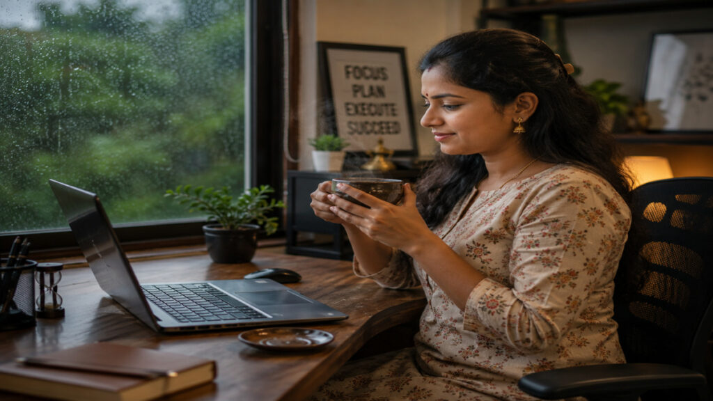 South Indian IT professional holding a warm cup of herbal kashayam at home office desk.-இஞ்சி துளசி கஷாயம் செய்முறை