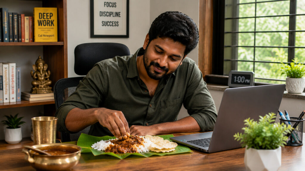 South Indian IT professional eating rice with garlic gravy for lunch at home office desk.