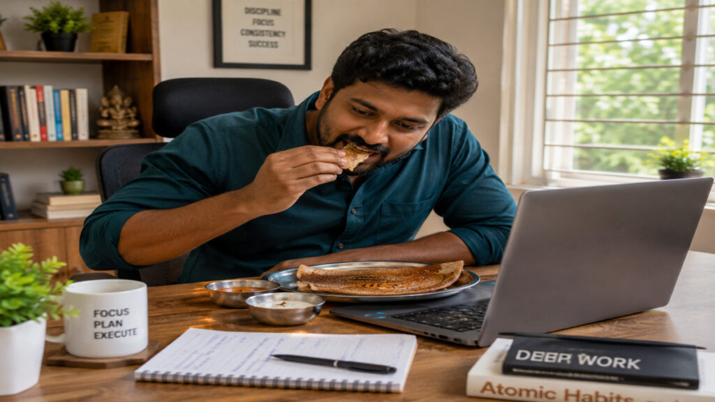 South Indian IT professional having quick instant ragi dosa at home office desk.