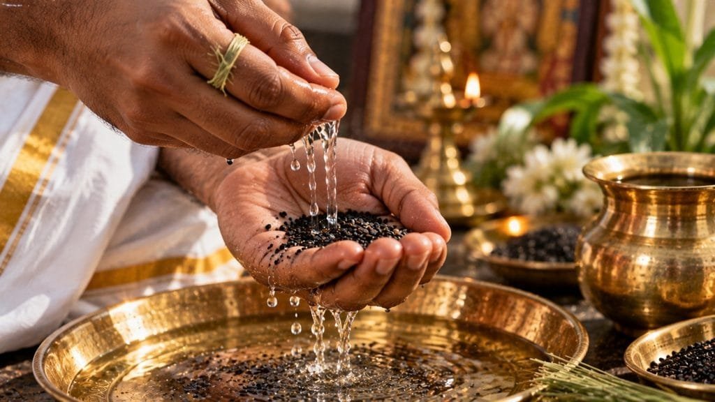மகாளய பட்சம் 2026: வீட்டில் செய்ய எளிய தர்ப்பணம் Tamil 1 கருப்பு எள் மற்றும் தர்ப்பை புல் தத்துவம் பித்ரு தர்ப்பணம் தமிழ்