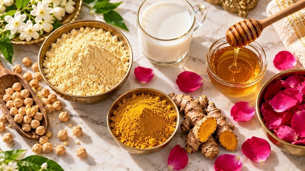 நவராத்திரி ஃபேஸ் பேக் 2026: கடலை மாவு கஸ்தூரி மஞ்சள் மேஜிக் 2 கடலை மாவு கஸ்தூரி மஞ்சள் ஃபேஸ் பேக் தேவையான பொருட்கள் அளவுகள் தமிழ்